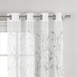 Creative Home Ideas Wavy Leaves, Embroidered Sheer Curtains, Includes 1 Leaf Curtain Panel - Window Drapes with Metal Grommets, 54" x 96", Sheer Vine White Curtain with Silver Grey Leaves