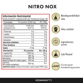 NEWMANITY Nitro Nox Precursor de Óxido Nítrico con Aminos y Betabel - 100 dias - con L-Arginina, L-Citrulina, Beta Alanina y Extracto de Café Verde para Apoyo en Rendimiento y Energía Natural