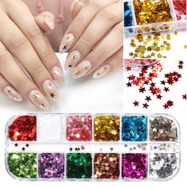 12 Colors Stars Nail Art Stickers Star Nail Glitter Sequins 3D Nail Art Decor Holographic Stars Shape Flakes Nail Design for Women Manicure Tips DIY Nail Charms Decorations Acrylic Nails Supply Kit