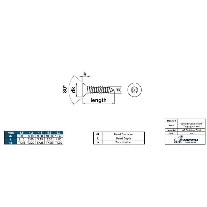 Hippo Hardware No.6 (3.5mm X 38mm) Countersunk Security Wood Screws