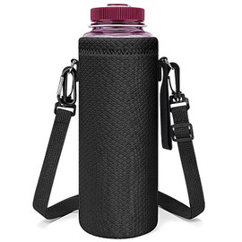 Linkidea Water Bottle Carrier with Strap Compatible with Nalgene Sustain Wide Mouth 48oz Water Bottles, Neoprene Waterbottle Sling Bag Holder with Wrist & Shoulder Strap, Black
