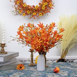 MagicWreath 12 Pack Artificial Fall Flowers Orange Floral Picks Forsythia Stems with Pip Berries for Flower Arrangement Centerpieces Autumn Harvest Festival Thanksgiving Day