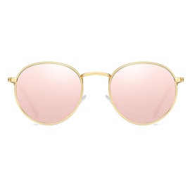 RUNHUIS Round Polarised Sunglasses Women Men Classic Super Light Metal Frame Glasses Fashion Eyewear for Driving Fishing (Gold/Pink Mirrored)