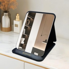SYHITOU Foldable Travel Makeup Mirror,Adjustable Angle Portable Standing Vanity Mirror, Compact PU Leather Design for Home/Camping/Professional Use, Classic Black (8.4"x6")
