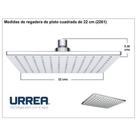 Urrea 2261 Regadera de Plato Cuadrada, sin Brazo, 22 cm, Acabado Cromo