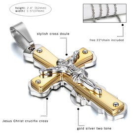 Oidea Mens Stainless Steel Gold Siver Jesus Christ Dual Cross Crucifix Pendant Necklace,Birthday Gift,with Gift Bag