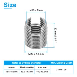 PATIKIL Self-Tapping Threaded Inserts, 6 Pcs M16 x M20 x 22mm 303 Stainless Steel Thread Adapter Reducer Slotted Screw Repair Inserts Nuts Sleeve