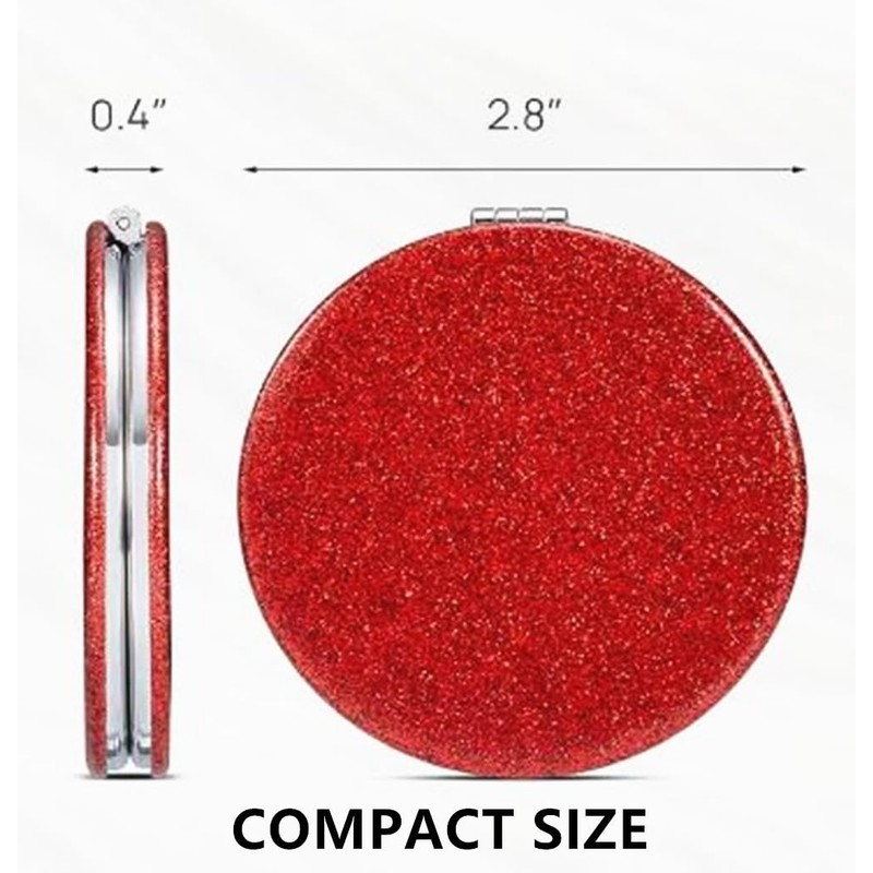 mpowtech Red Compact Mirror for Purse,Magnifying Travel Mirror with Glitter,Double-Sided