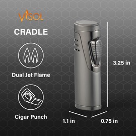 Visol Cradle Butane Torch Double Flame Refillable Gas Lighter, Built in Punch, Fuel Window, and Adjustable Flame Lighter (Shipped Without Butane) (Gunmetal)