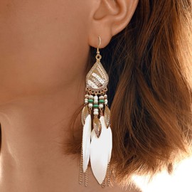 Feather Earrings Bohemian Leaf Tassel Earrings Feather Beaded Earrings for Women and Girls Summer Boho Western Earrings (White)