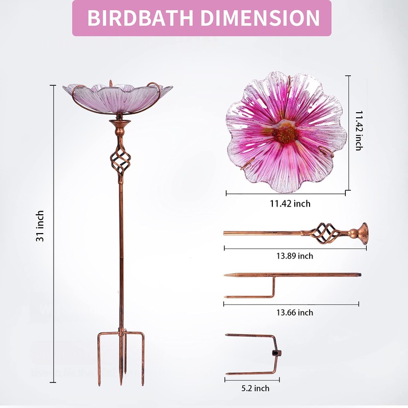 MUMTOP 31 Inch Height Glass Birdbath Birdfeeder with Metal Stake