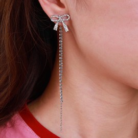 Erimberate Bohemian Cz Chandelier Drop Earrings cz tennis chain dangle earrings Crystal Bow Earrings Silver Bowknot Stud Earrings Rhinestone Bow Ear Jacket Earrings Jewelry for Women and Girls Gifts