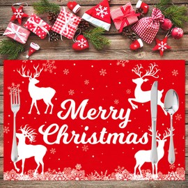 4PCS Christmas Placemats, Reindeer Snowflake Place Mats, Washable Linen Dining Table Place Mats for Xmas, Merry Christmas Red Table Mats Seasonal Home Party Indoor Kitchen Dining Table Decoration