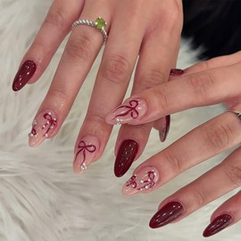 LRKNNO Red Press on Nails Almond Medium Fake Nails with 3D Rhinestones Designs French Press ons Red Bow Glue on Nails Glossy Full Cover Acrylic False Nails Kit for Women Girls Manicure 24Pcs