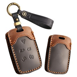 ontto Car key fob cover Compatible with Land Rover Defender Discovery Sport New Range Rover Evoque Velar leather key holder handmade contrast color Shell case keyring keychain Accessories Black B