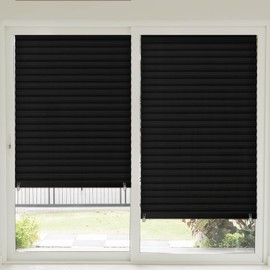 Threehoney 2 Pcs 35 x 110 Inches Black Temporary Blinds Cordless No Drill Cut to Size Fabric Paper Shades Adhesive Privacy Blind for French Door Sliding Door Window Light Filtering Pleated Shade
