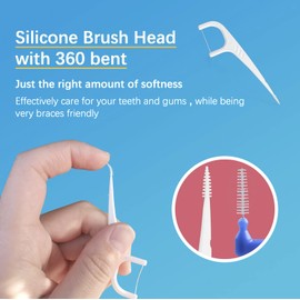 Floss Picks and Interdental Brushes 2 in 1, One End is 0.05mm Soft Floss Sticks, The Other End is Floss Brush, Used as Toothpick, Very Smart Floss Sticks Holder Box Design for Travel Floss (50)