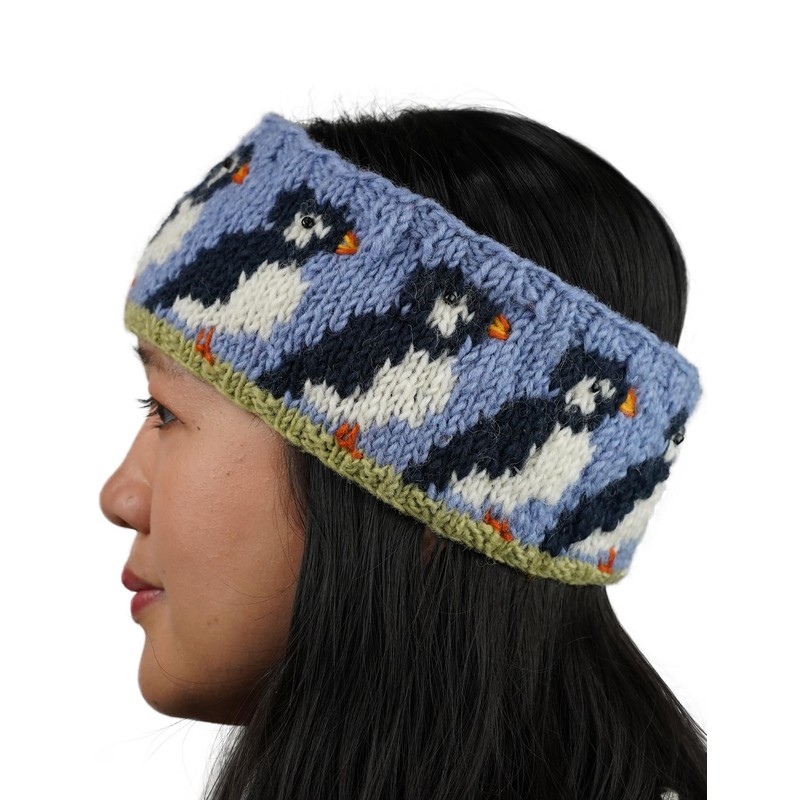 Pachamama Women Wool Ear Warmer Headband Fleece Lined Handknitted Puffin