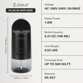 JCLOUD 2025 Plug in Diffuser | Cover Up to 500 Sq. Ft. for Home, Office, Spa – Portable Smart Wall Diffuser 160ML, Black with Royal Serenity Essential Oil Inspired by Ritz-Carlton Hotel - 140mL