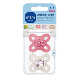 MAM Start Dummy Set of 2, Baby Dummy Specially for Newborns, Made from Sustainable & Organic Renewable Materials, with Dummy Box, 0–2 Months, Squirrel/Bird