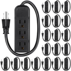 Copkim 20 Pack 3 Outlet Power Strip Extension Cord with Flat Plug Mini Cord 3 Ground Outlets Heavy Duty Mountable Outlet Strip for Computer Phone Home Office, Black (1 ft)
