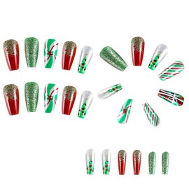 Christmas Press on Nails Medium Acrylic Nails Glitter Sequins Christmas Tree False Nails Red Rhinestones Artificial Fake Nails Full Cover Coffin Nails Xmas Nail Art Decorations Glue on Nails for Women