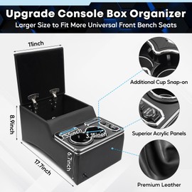 Upgraded Center Console, Truck Bench Front Seats Center Console Organizer and Storage, Cup & Phone Holder for Minivan, SUV, Middle Van, Fast Phone Charging & 7-Color Adjustable LED Lighting (Black)