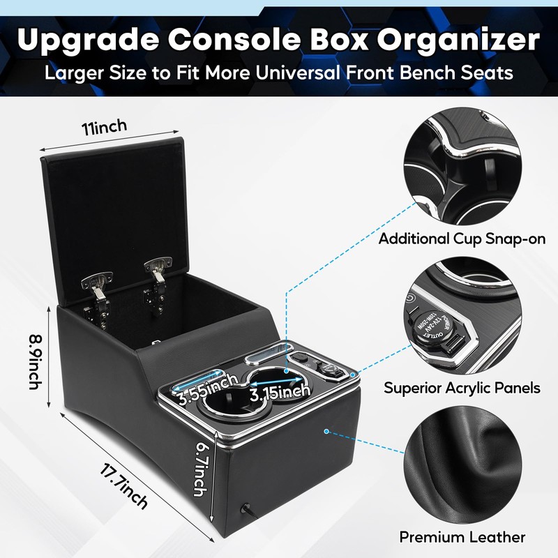 Upgraded Center Console, Truck Bench Front Seats Center Console Organizer