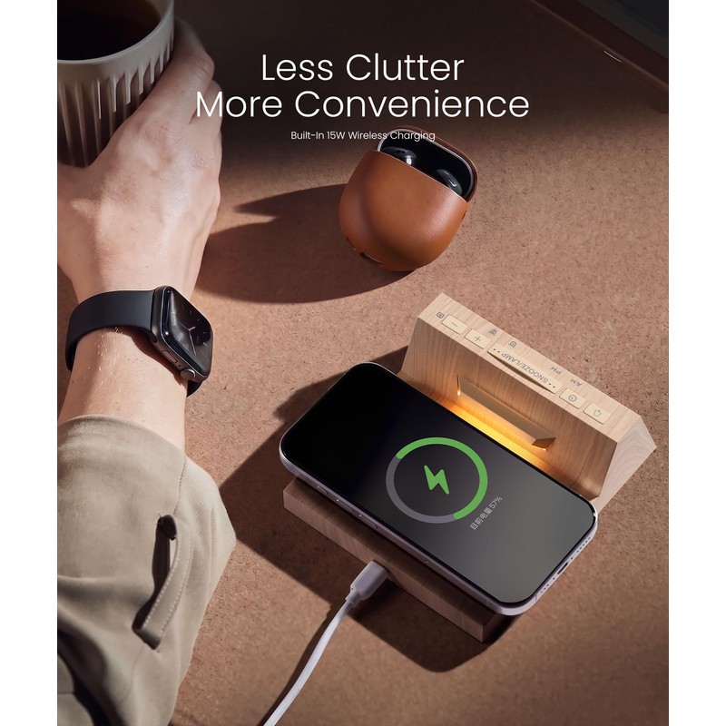 3-in-1 Alarm Clock with Wireless Charging & Night Light, Wood