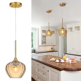 QianZhan 7 Inch Amber Glass Pendant Lights Kitchen Island, Modern Adjustable Pendant Light Fixtures Vintage Gold Ceiling Hanging Lamp for Dining Room Bathroom Bedroom