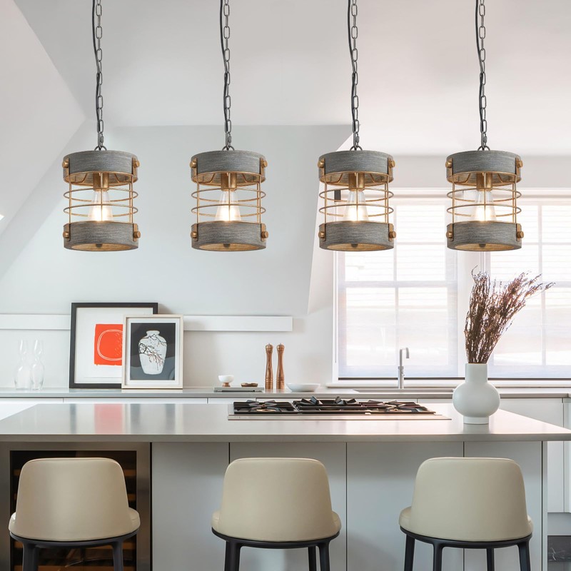 wochos Farmhouse Pendant Light, Adjustable Metal and Wood Chandelier Light