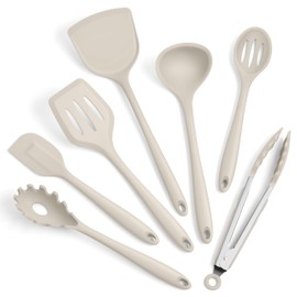 Herogo Silicone Cooking Utensils Set, 7-Piece Kitchen Utensils Set, Heat Resistant Cooking Gadget Tools Slotted Turner, Spoon, Soup Ladle, Pasta Server, Spatula, Tongs for Nonstick Cookware, Khaki