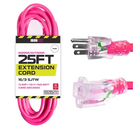Iron Forge Cable Weatherproof 25 Ft Outdoor Extension Cord - 16/3 SJTW 13 Amp Heavy Duty Neon Pink Extension Cord 3 Prong - Lighted End