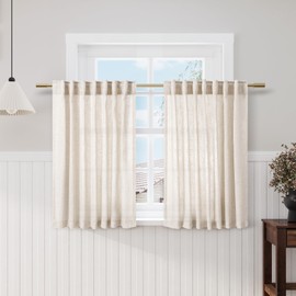 Short Beige Linen Curtains for Kitchen Bathroom 40 Inches Long 2 Panels Set Back Tab Rod Pocket Semi Sheer Light Filtering Drapes for Farmhouse Cafe Lightweight Small Basement Window Curtain W52xL40