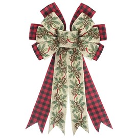 Hying Large Christmas Bow for Wreath, Red Black Buffalo Plaid Bows for Front Door Wall Fence Decor, Pine Cone Christmas Wreath Bow Tree Topper Bow for Winter Christmas Party Decoration Supplies
