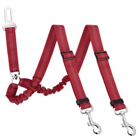 SlowTon Dog Seat Belt, Double Dog Seatbelt Adjustable Vehicle Safety Leash with Elastic Bungee Buffer, Reflective No Tangle Y Shape Two Dog Harness Seat Belt Splitter for Pets Car Trip (Red, M)