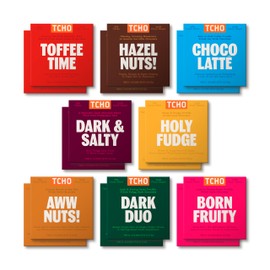 TCHO 100% Plant-Based Dark & Milk Chocolate Variety Pack - Gourmet Assortment with Toffee Time, Choco Latte, Dark & Salty, & More - Vegan No Artificial Sweeteners Chocolate Gift - 16 Count