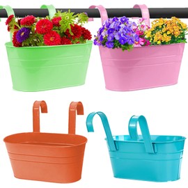 Ompinda Fence Hanging Planters, 4 Pcs Large Oval Metal Graden Fence Wall Flower Pots with Detachable Hook Countryside Style Balcony Planters for Railing Fence Balcony (A)