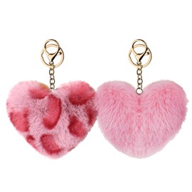 Leopard Heart Bag Charm Pink Fuzzy Keychains for Women Girls Hot Pink Y2k Fluffy Keychain for Car Key Chain Heart Accessories for Bag Purse Charm for Girls Women Girlfriend Birthday Gift Keyring 2 Pcs