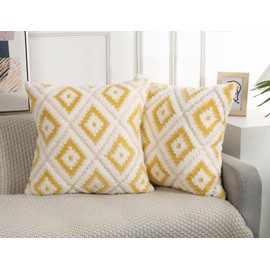NUYECY Faux Fur Boho Throw Pillow Covers 26 x 26 Yellow,Super Soft Plush Fuzzy Decorative Checkerboard Pattern Neutral Fur Large Pillow Cover Pillowcase Cushion Covers for Sofa Couch Bed Farmhouse