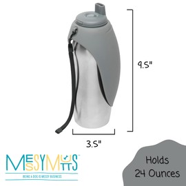 Messy Mutts Stainless Steel Travel Water Bottle with Silicone Flip Up Bowl | Pet Travel Necessity | Camping, Hiking, Walking Accessory | 24 oz / 700mL | Grey