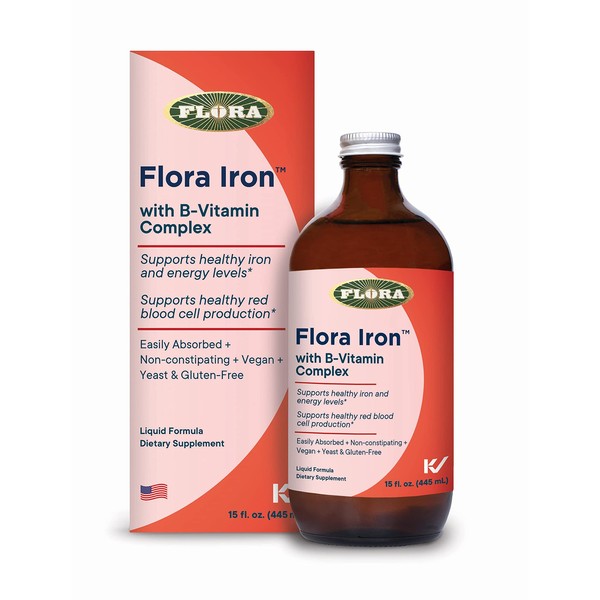 Flora - Iron with B-Vitamin Complex, Helps Maintain Healthy Iron Levels, Non-Constipating, Highly Absorbable Vitamin-B & Iron Supplement, Vegan, Yeast and Gluten Free, 15-oz. Glass Bottle