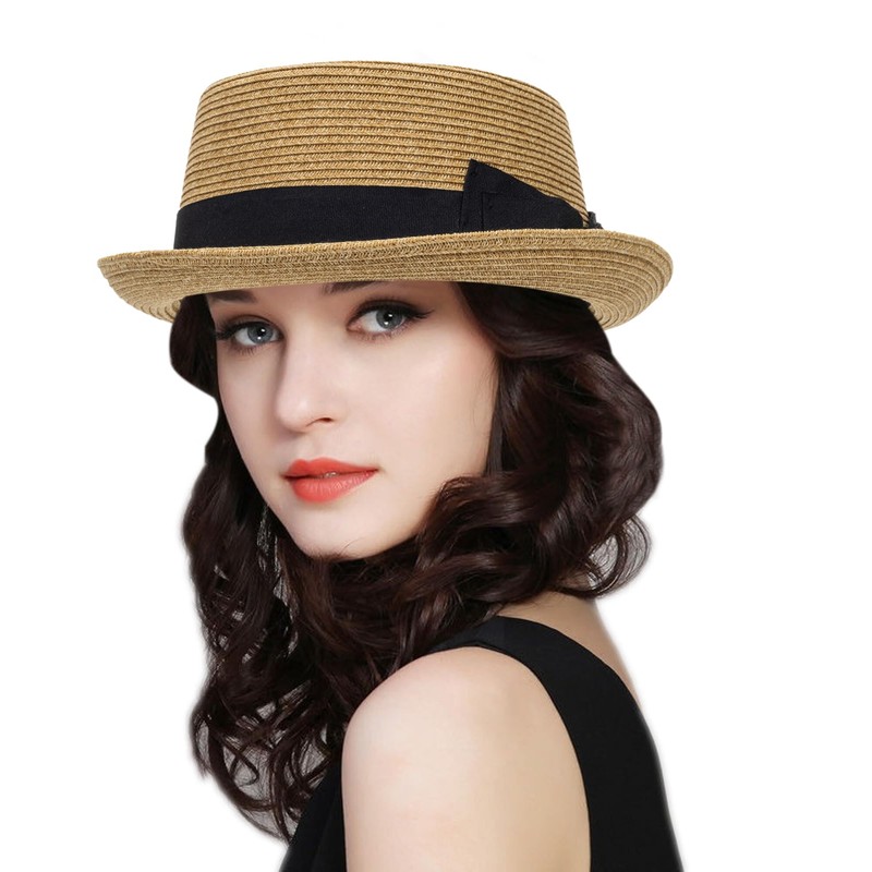 Pork-Pie-Hat-for-Men-Women Straw-Boater-Hat - Classic Boater Derby Sun Hats with Grosgrain