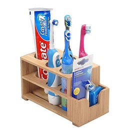 MobileVision 5 Slot Toothbrush & Toothpaste Holder with Wider Slots for Electric Toothbrushes Plus Floss Holder for Bathroom Vanity Storage Bamboo