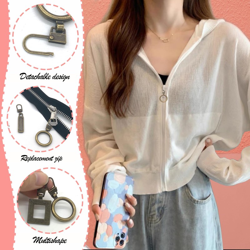 DHER Zipper Metal Zip Tabs Pull Removable Zip 8 Pieces