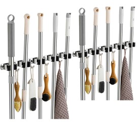TOPSKINOY 2 Pack Broom Holder Wall Mount, Stainless Steel Broom Hanger Wall Mount, Heavy Duty Mop and Broom Holder Tool Racks Utility Hooks for Laundry Room Garden Garage, Black (5 Racks and 4 Hooks)