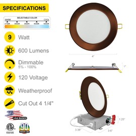 NUWATT 12 Pack 4 Inch Ultra-Thin Bronze LED Recessed Lighting, 5CCT 2700K/3000K/3500K/4000K/5000K Selectable, 630 Lumens, IC Rated, Dimmable Canless Wafer Light, Slim Panel Light, Metal J-Box, ETL