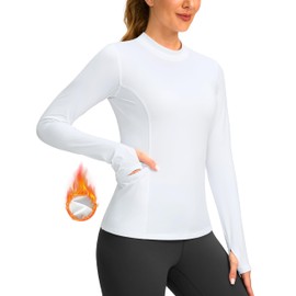 SANTINY Long Sleeve Thermal Shirts for Women Fleece Mock Neck Tops Winter Workout Running Gear with Zipper Pockets(White_XL)