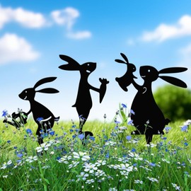 Set 3 Metal Rabbit Garden Stakes Bunny Front Yard Black Stakes Ornaments Patio Lawn Pathway Flower Pot Hare Easter Gift Sturdy Cute Art Decor for Outdoor