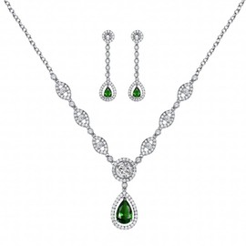 GULICX Green Cubic Zirconia Emerald Color Jewelry Set Necklace Earrings Party Silver Tone